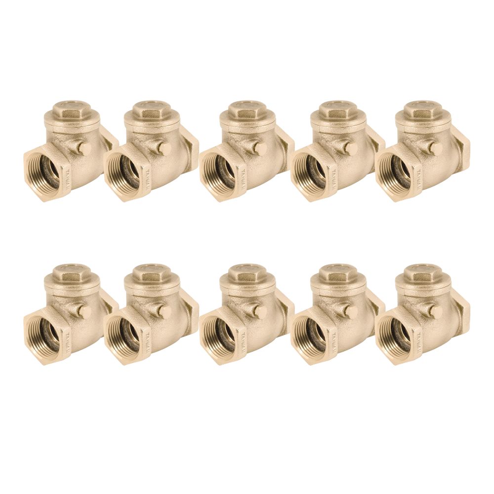 Ten brass swing check valves with female threaded ports arranged in two rows.