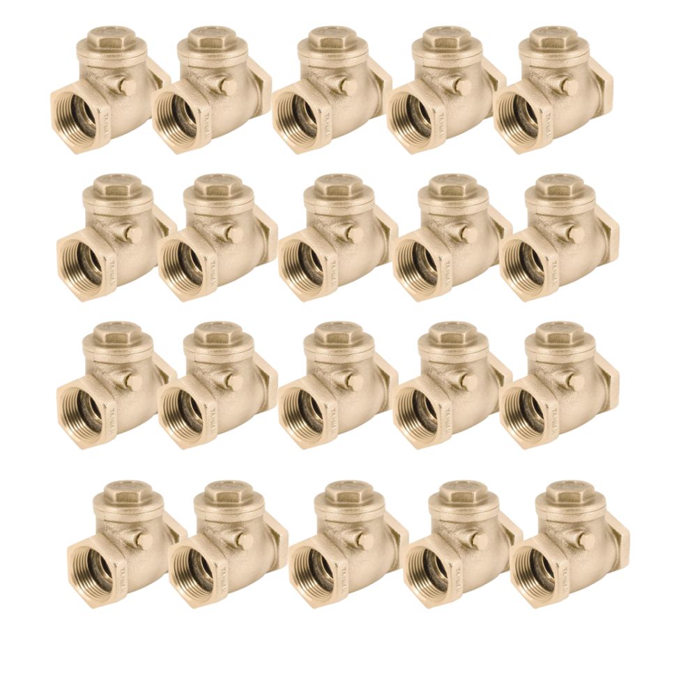 Twenty brass swing check valves with threaded female connections and internal swing mechanism visible.