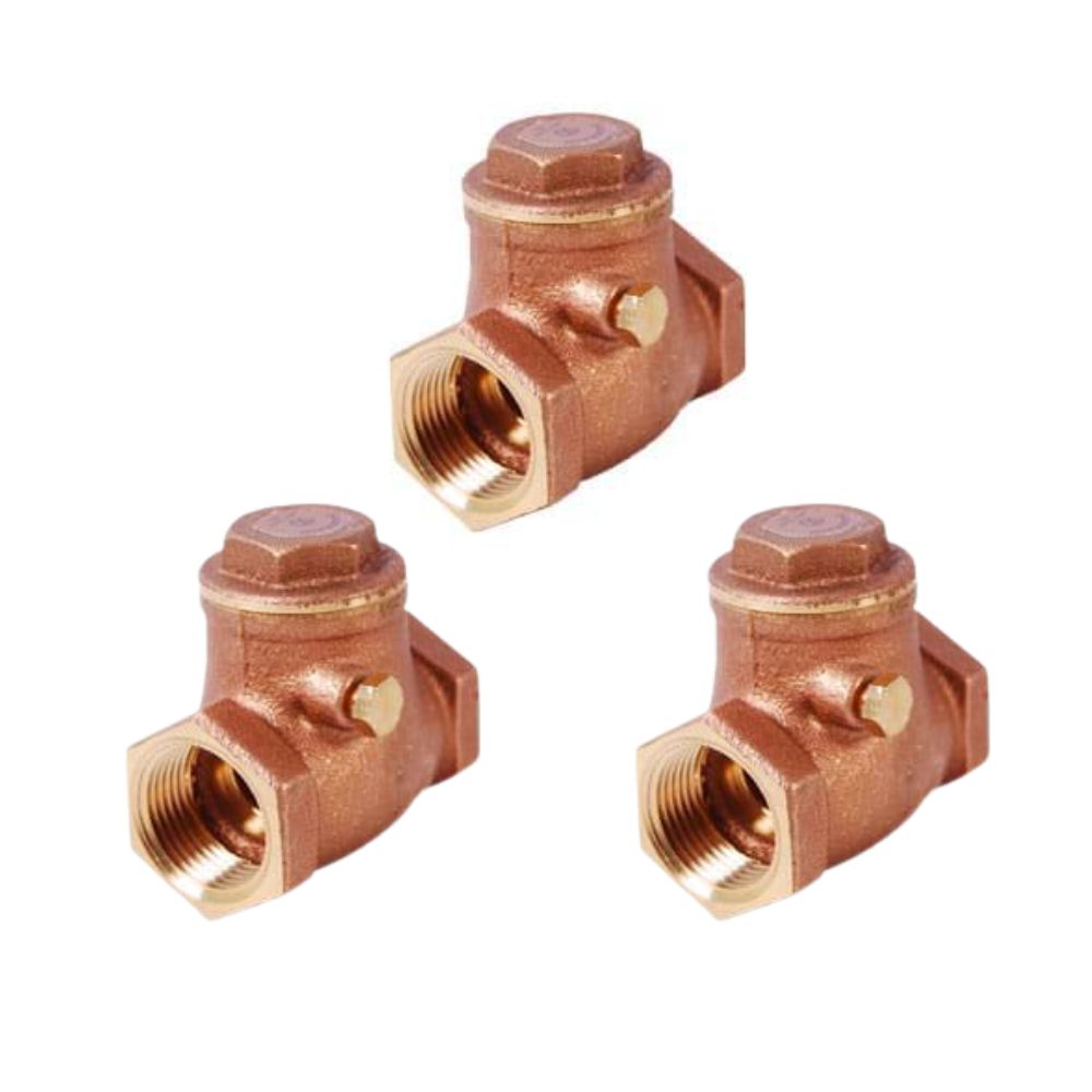 Three brass swing check valves with female threaded ports and hex-shaped bodies.