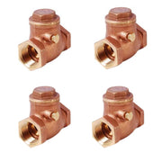 Four brass swing check valves with 3/4 inch female threaded ports and hexagonal top caps.
