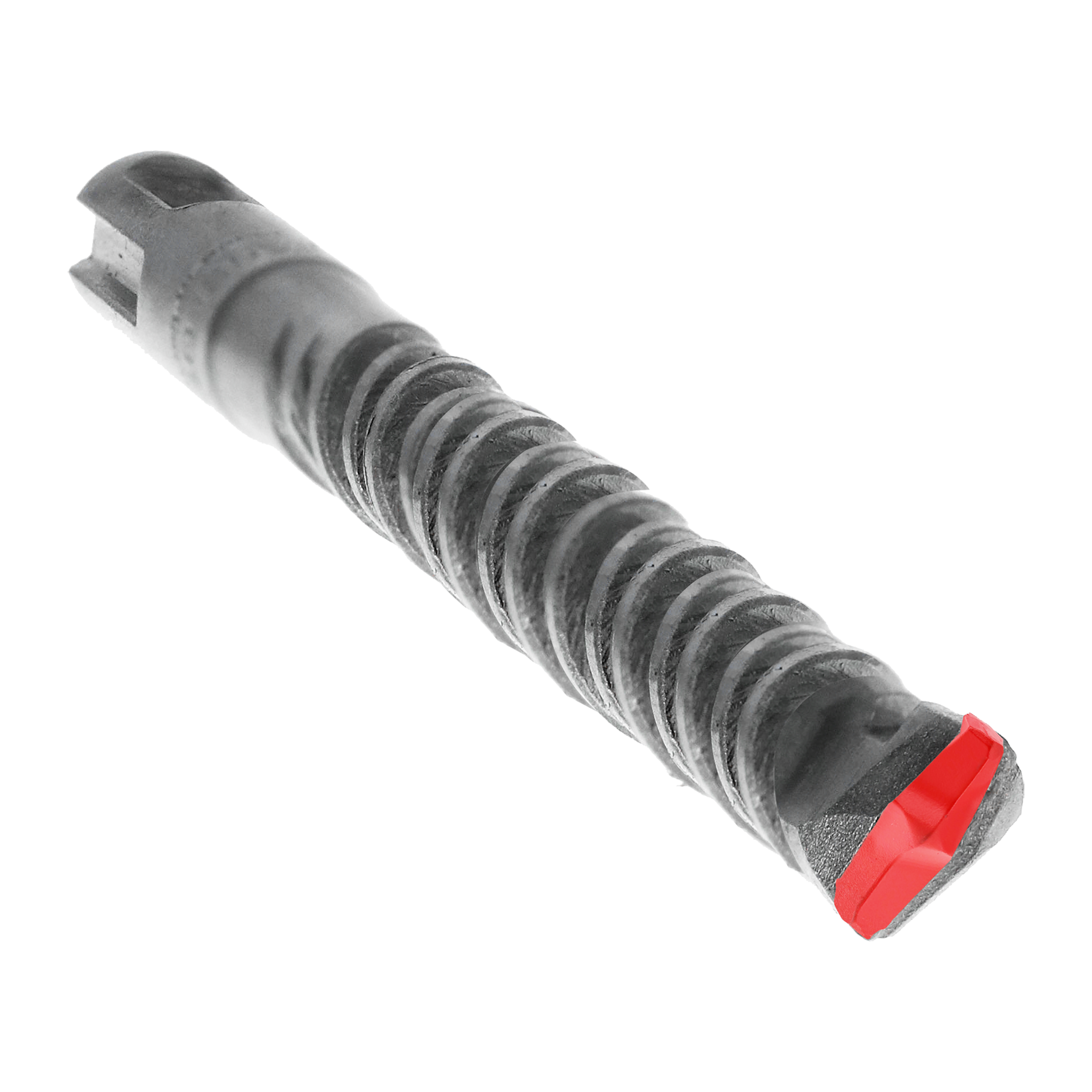 SDS-Plus hammer drill bit with two cutting edges and red end cap on dark shaft.