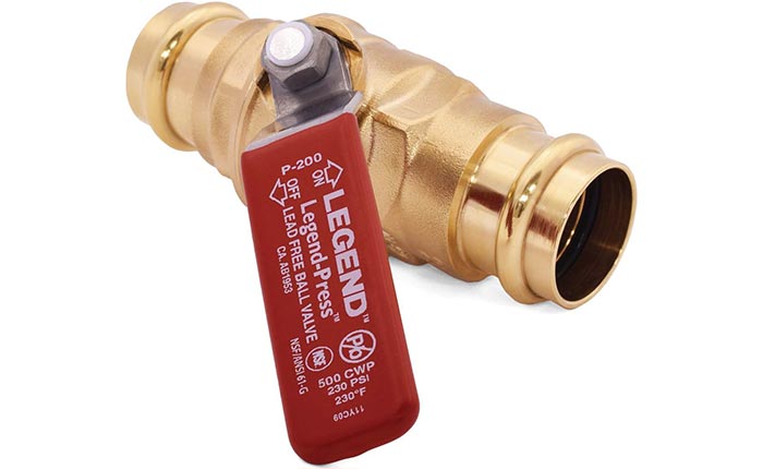 Brass push-fit valve with red end cap and lever handle for 3/4 inch pipe connections.