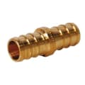 Brass PEX coupling with 1-1/2 inch barbed connections on both ends.