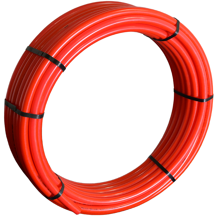 Red PEX tubing coiled with black straps securing the loops.
