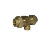 Brass backflow preventer valve with 1/2 inch female threaded connections and atmospheric vent port.