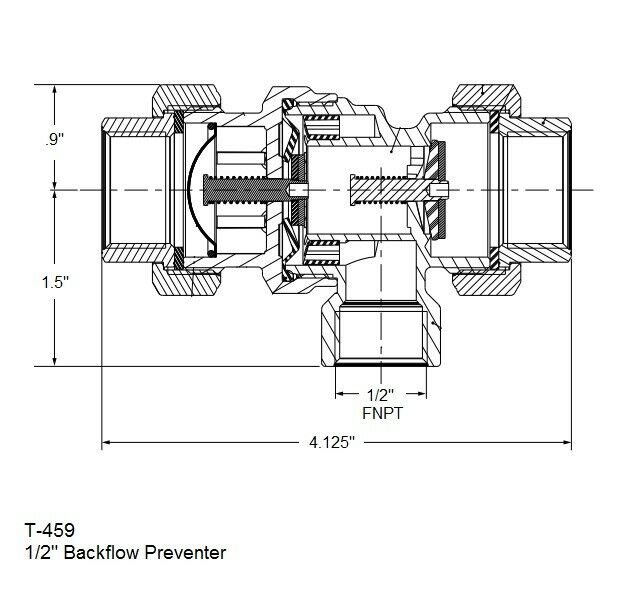 Cross-section technical diagram of 1/2 inch backflow preventer with internal components, atmospheric vent, and dimension meas