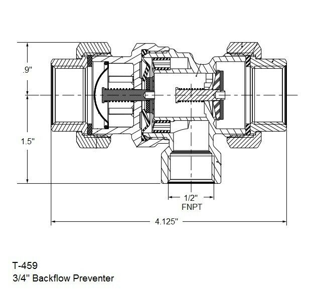 Technical diagram of 3/4 inch backflow preventer valve showing internal components and dimensions from top view.