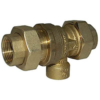 Brass backflow preventer valve with 3/4 inch female threaded connection and atmospheric vent outlet.