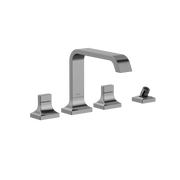 Polished chrome two-handle deck-mount roman tub filler with curved spout and detachable handshower.