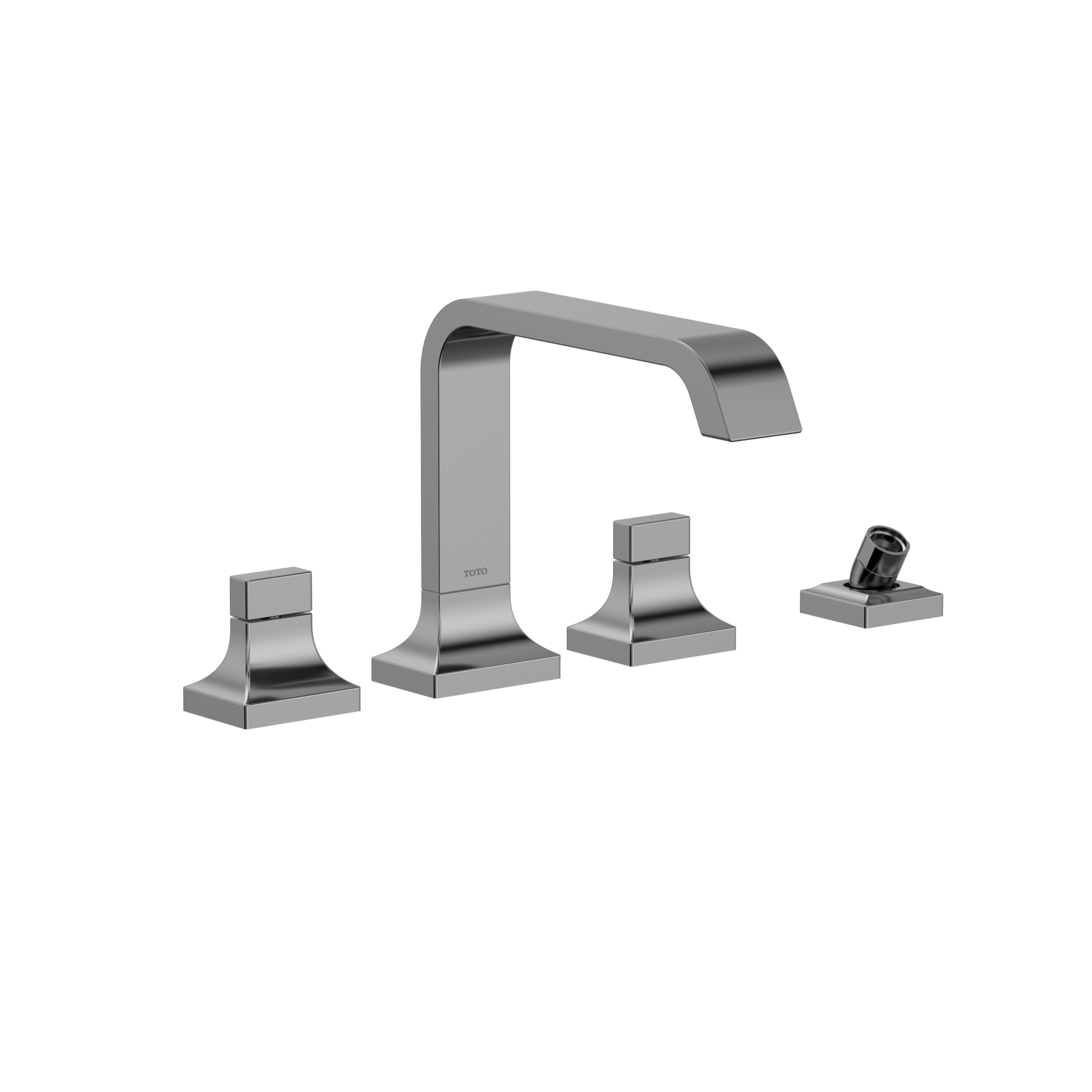 Polished chrome two-handle deck-mount roman tub filler with curved spout and detachable handshower.
