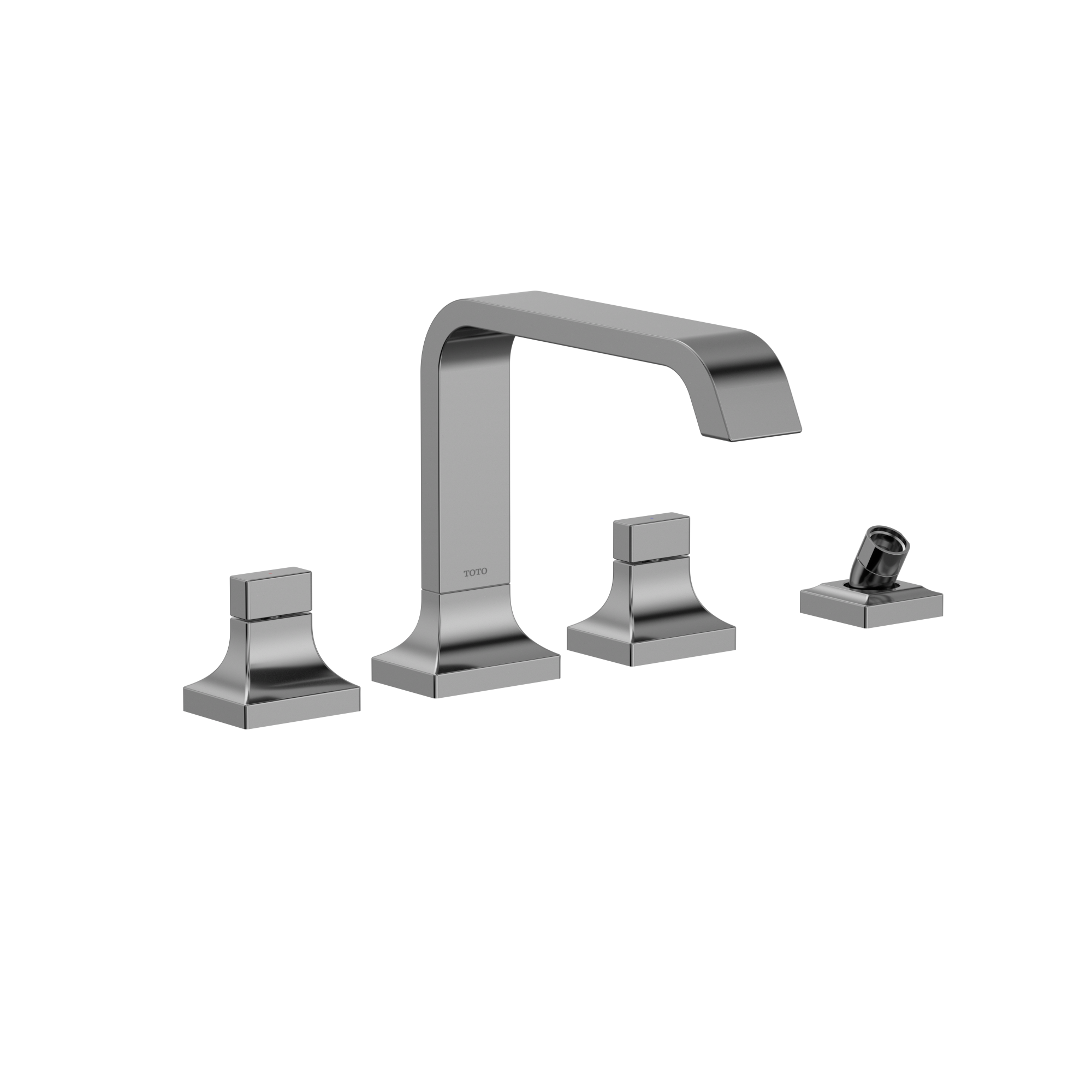 Polished chrome two-handle deck-mount roman tub filler with curved spout and detachable handshower.