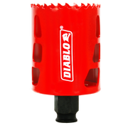 Red Diablo hole saw with jagged cutting edge and black cylindrical arbor shaft.