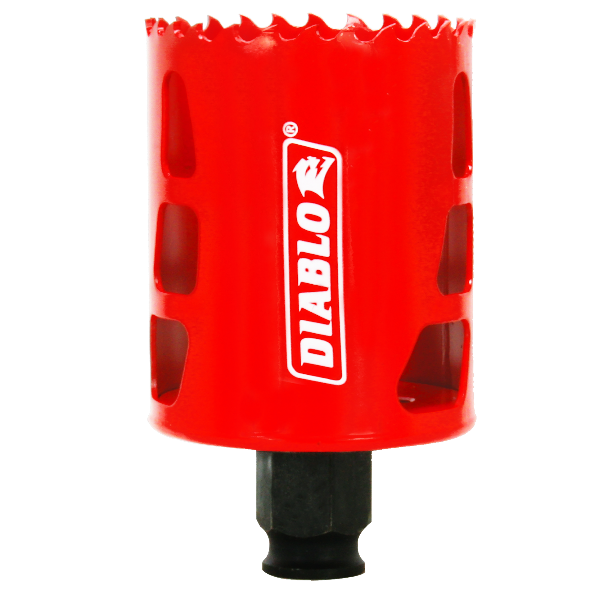 Red Diablo hole saw with jagged cutting edge and black cylindrical arbor shaft.