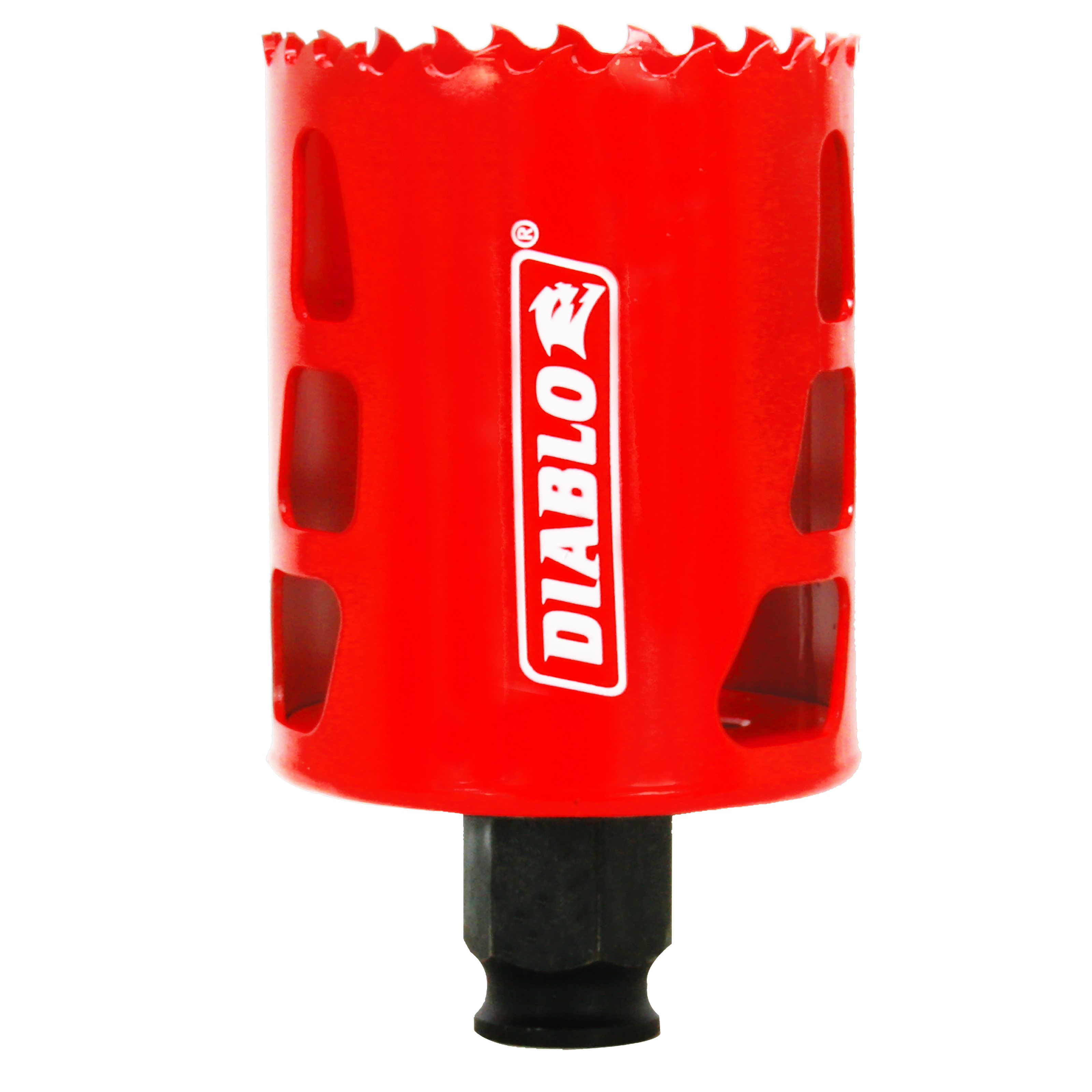 Red Diablo hole saw with jagged cutting edge and black cylindrical arbor shaft.