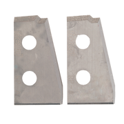 Two metal router knife blades with curved profiles, two mounting holes each, and diamond-grit edges on top.