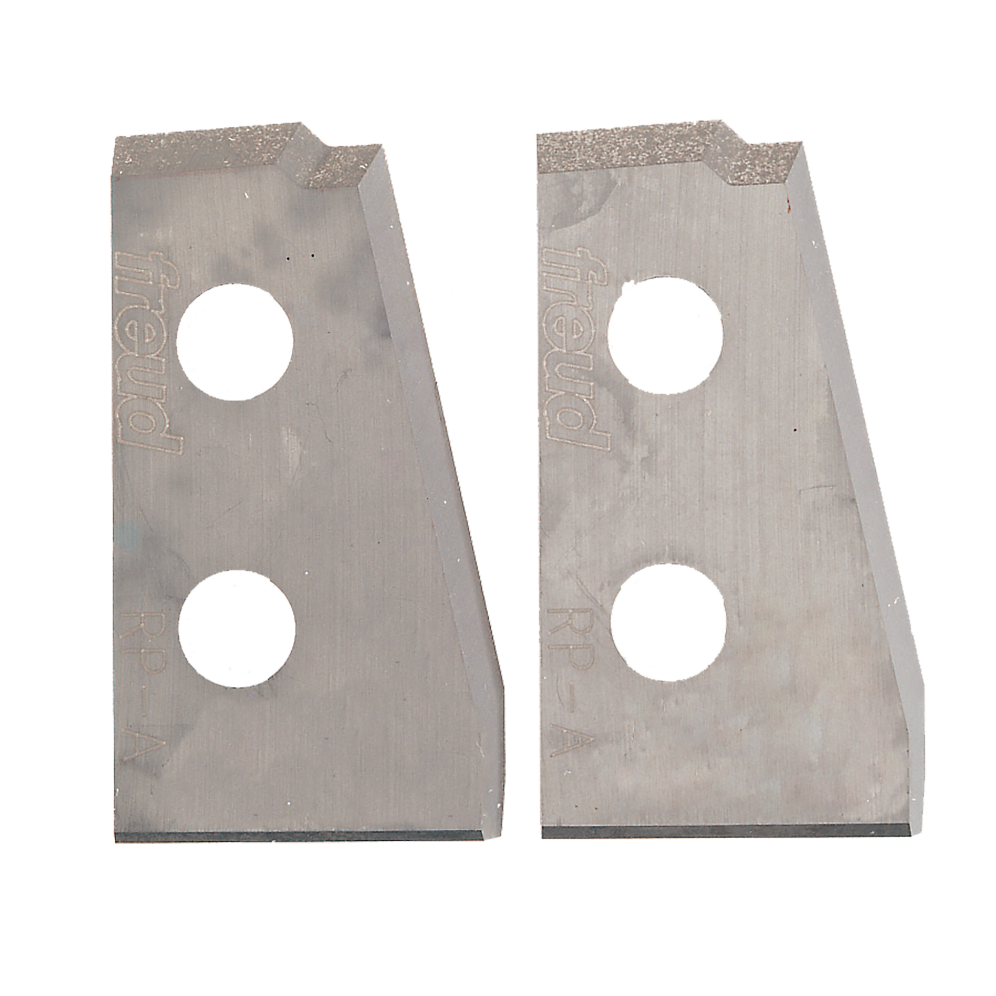 Two metal router knife blades with curved profiles, two mounting holes each, and diamond-grit edges on top.