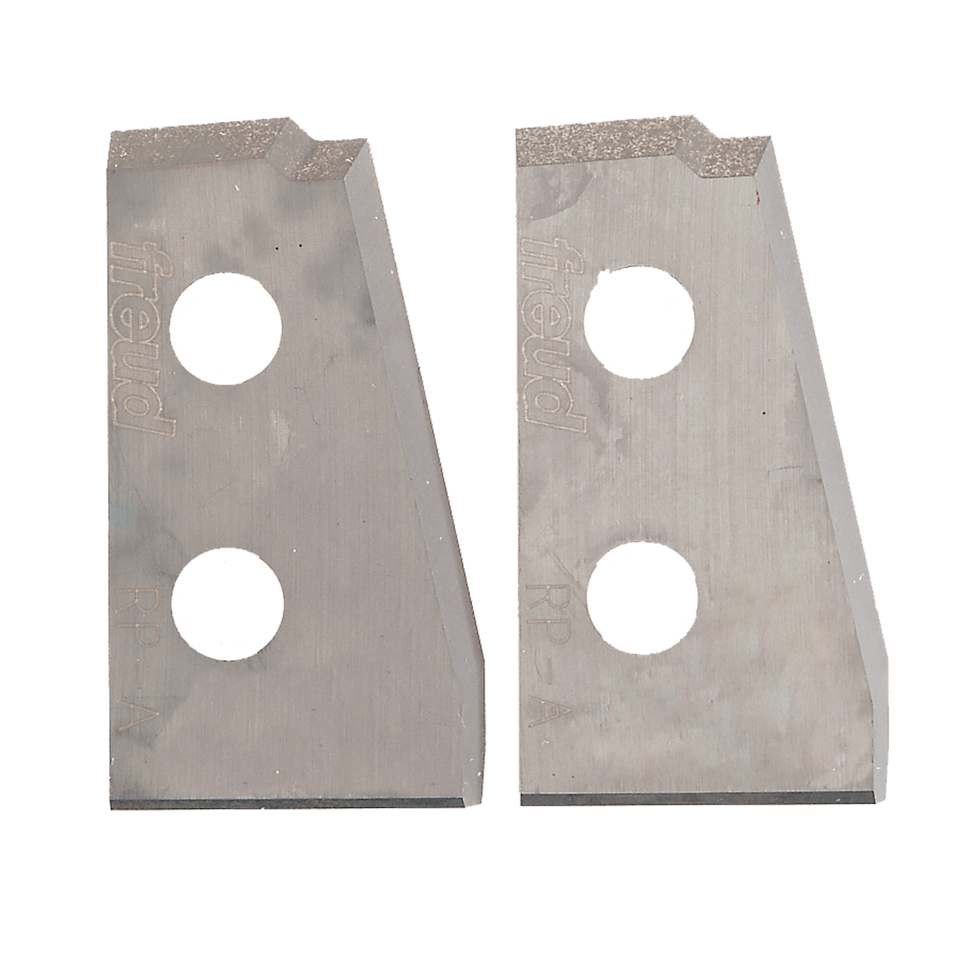 Two metal router knife blades with curved profiles, two mounting holes each, and diamond-grit edges on top.