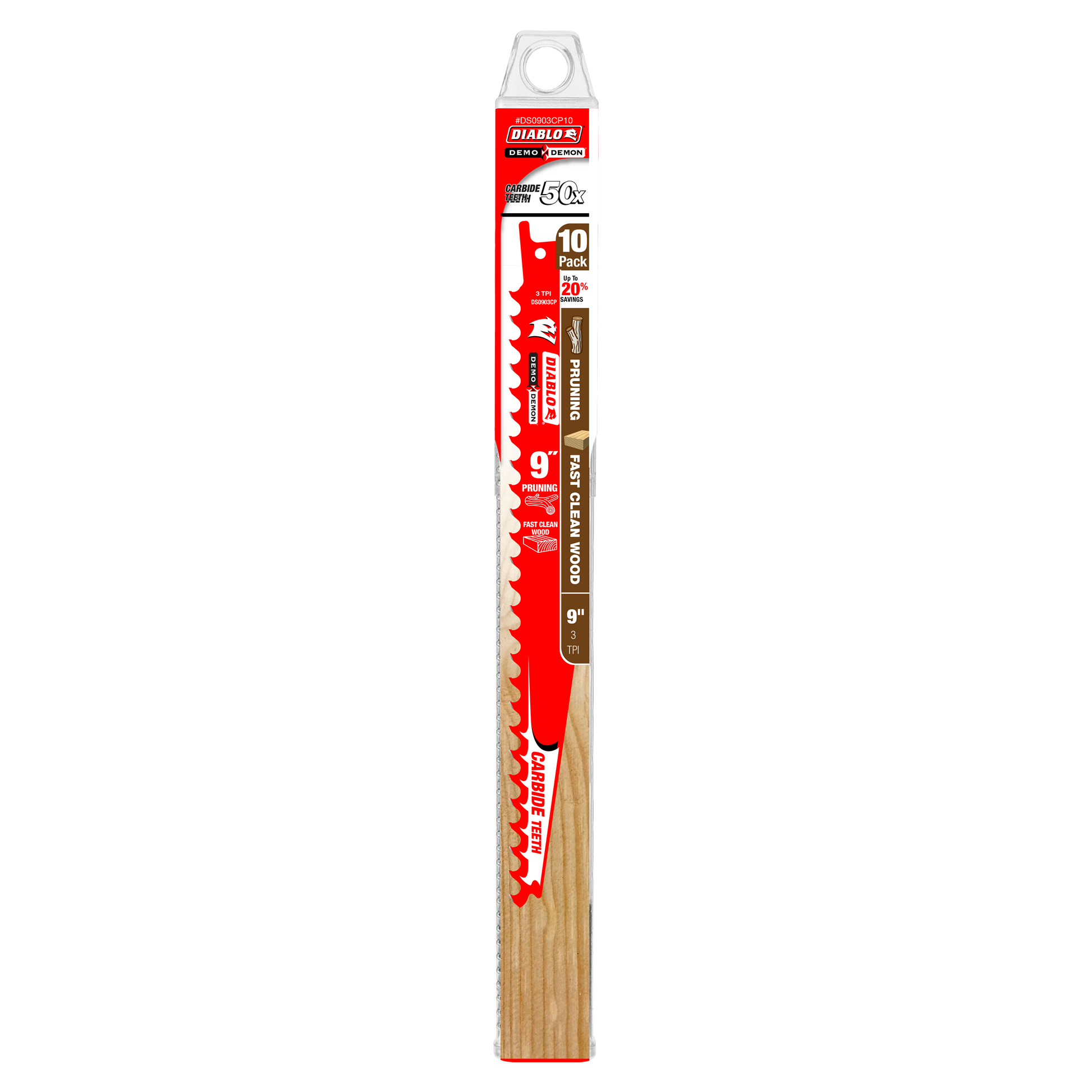 Pack of 10 Diablo 9-inch carbide-tipped pruning saw blades with wooden handles and red packaging.