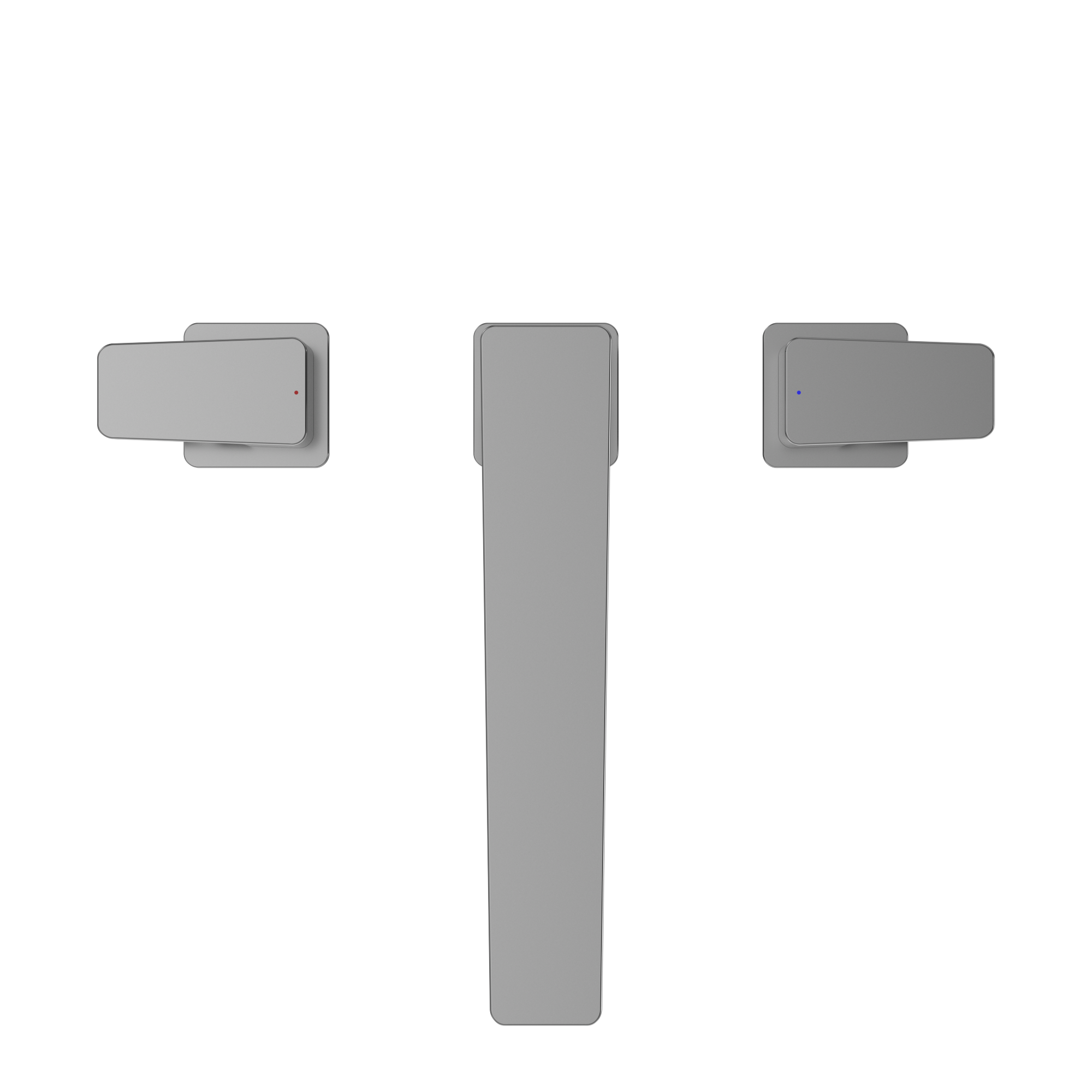 Polished chrome two-handle deck-mount roman tub filler trim with rectangular handles on left and right sides of vertical spou