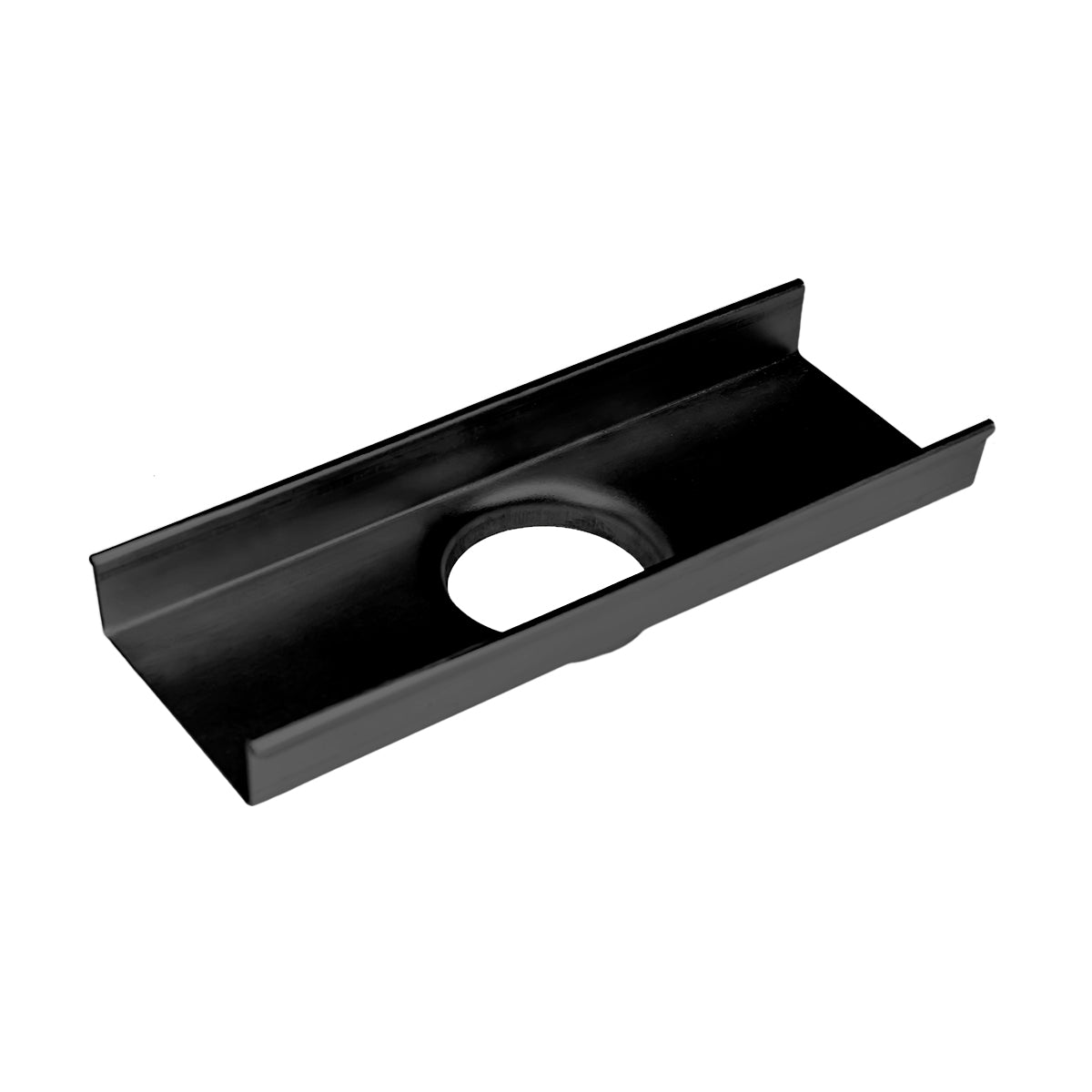 Matte black linear drain component with curved channel design and central circular opening.