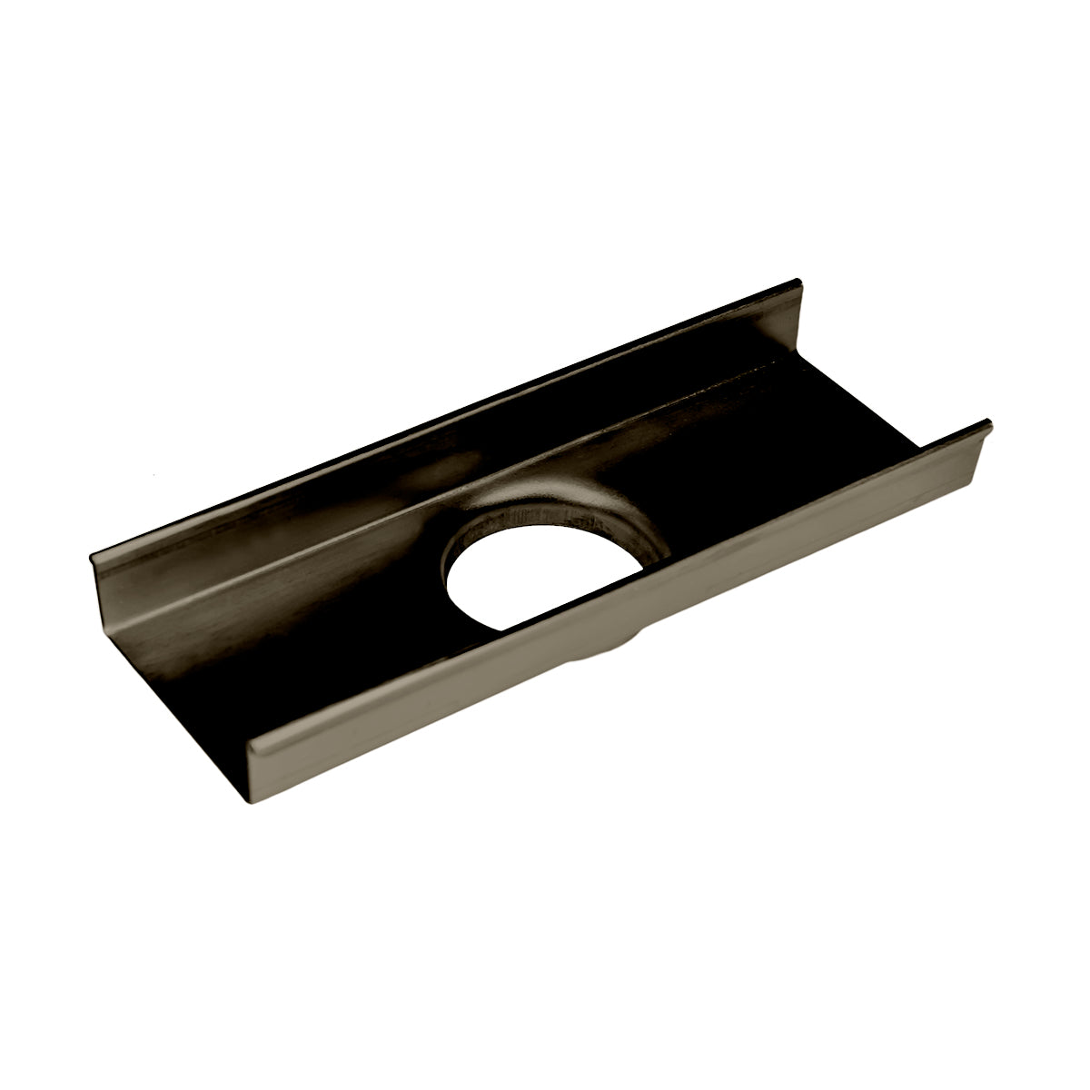 Oil rubbed bronze linear drain component with U-shaped trough and circular opening.