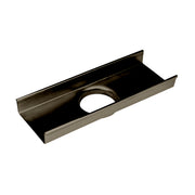 Oil rubbed bronze linear drain component with U-shaped trough and circular opening.