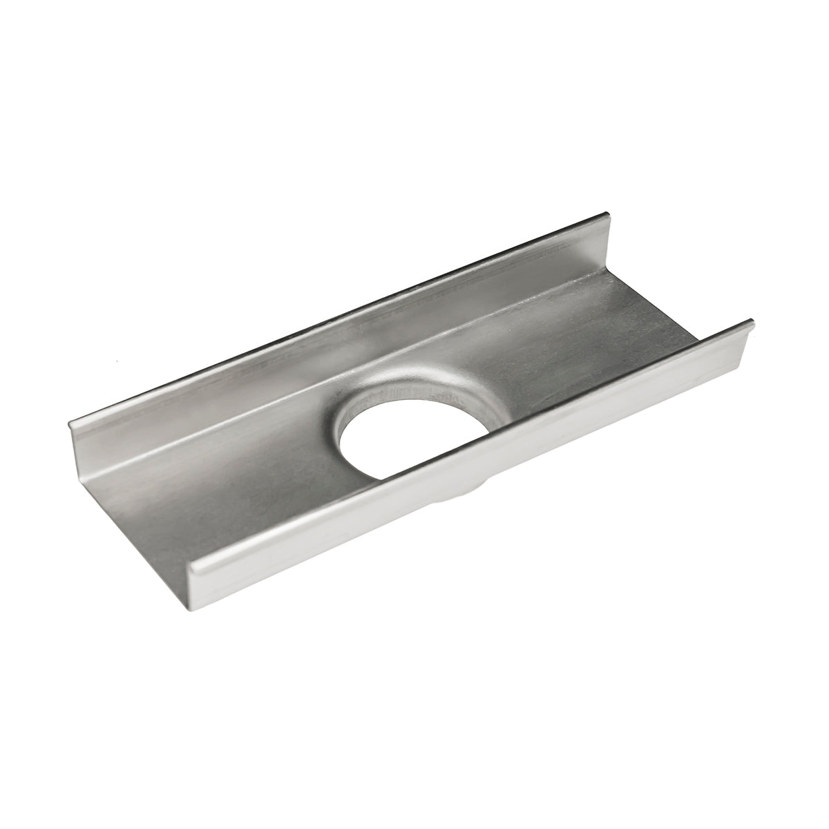 Polished stainless steel linear drain component with U-shaped channel and center opening.