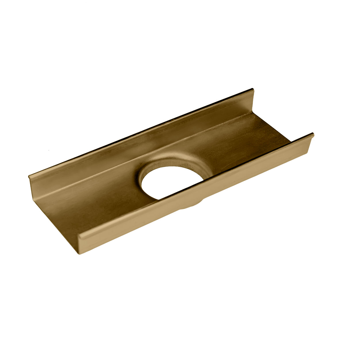 Satin bronze linear drain component with rectangular channel and circular opening.