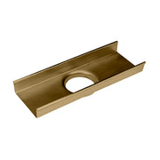 Satin bronze linear drain component with rectangular channel and circular opening.