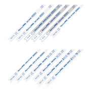 Twelve AvantiPRO U-shank jig saw blades in varying tooth counts and materials arranged in two rows.
