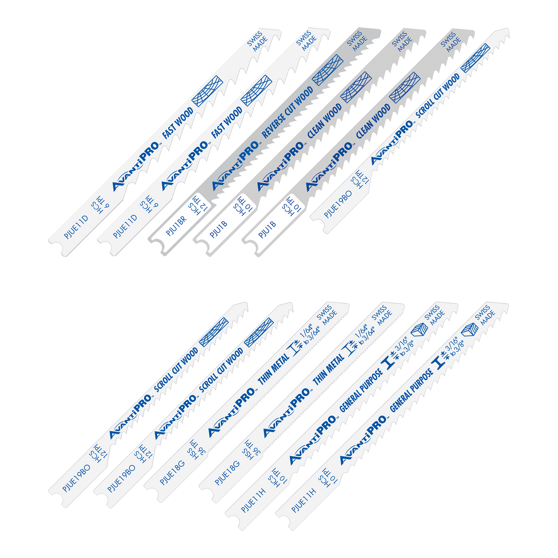 Twelve AvantiPRO U-shank jig saw blades in varying tooth counts and materials arranged in two rows.
