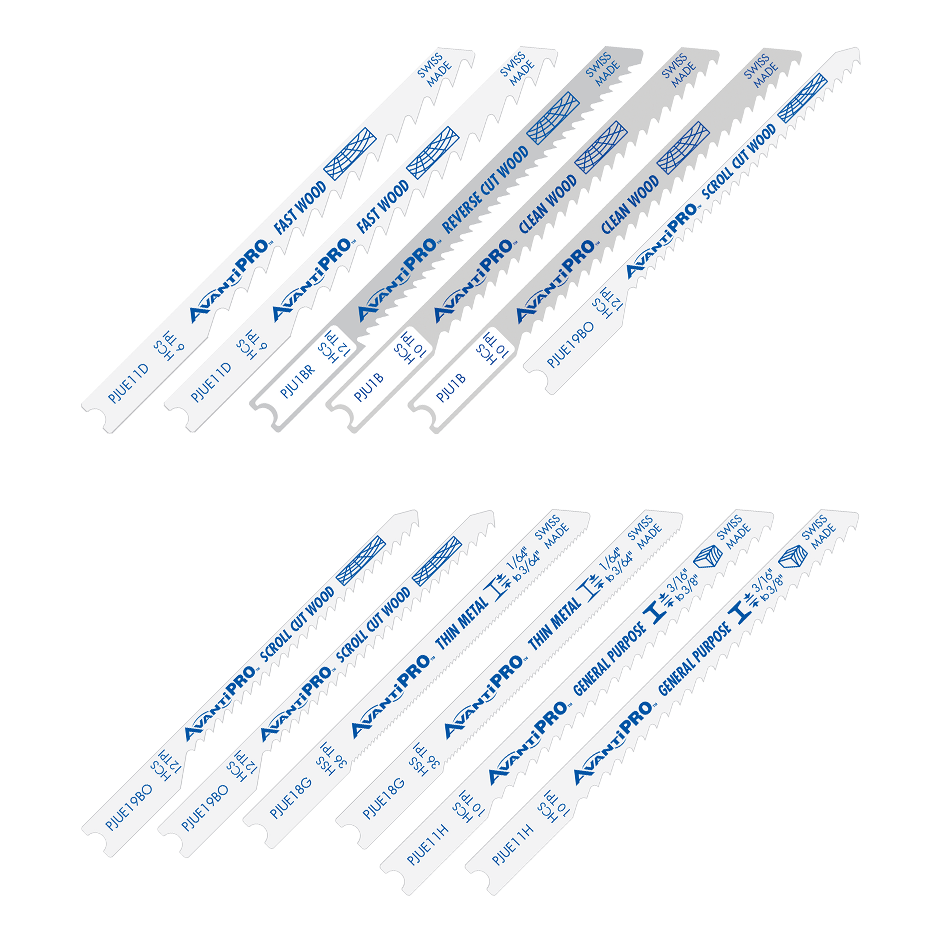 Twelve AvantiPRO U-shank jig saw blades in varying tooth counts and materials arranged in two rows.