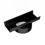 Matte black linear drain component with rectangular channel body and threaded circular base connection.