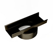 Oil rubbed bronze linear drain component with curved trough top and threaded circular base connector.