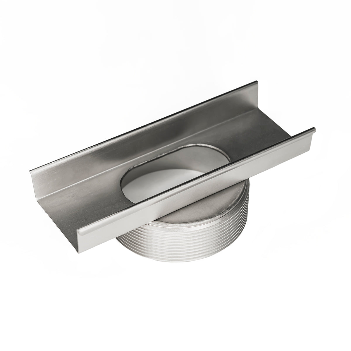 Polished stainless steel linear drain component with curved intake opening and threaded outlet connection.