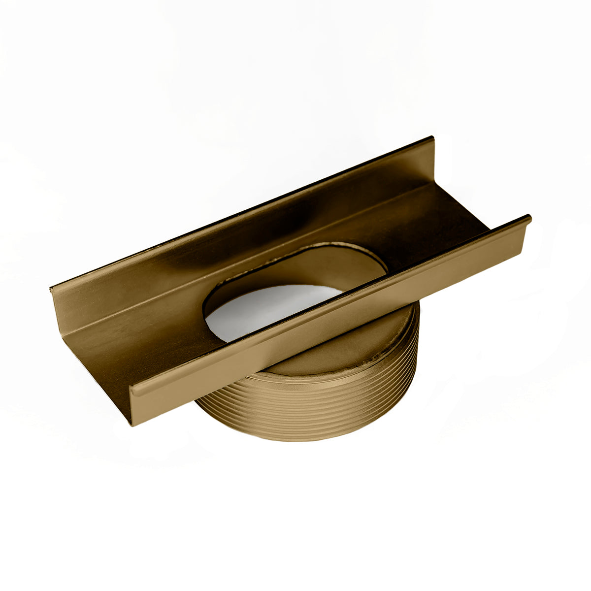 Satin bronze linear drain component with U-shaped channel and circular base connector.