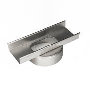 Satin stainless steel linear drain component with curved interior channel and threaded outlet connection.