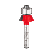 Bevel trim bit with red cutting head, metal shank, and bearing guide at top.