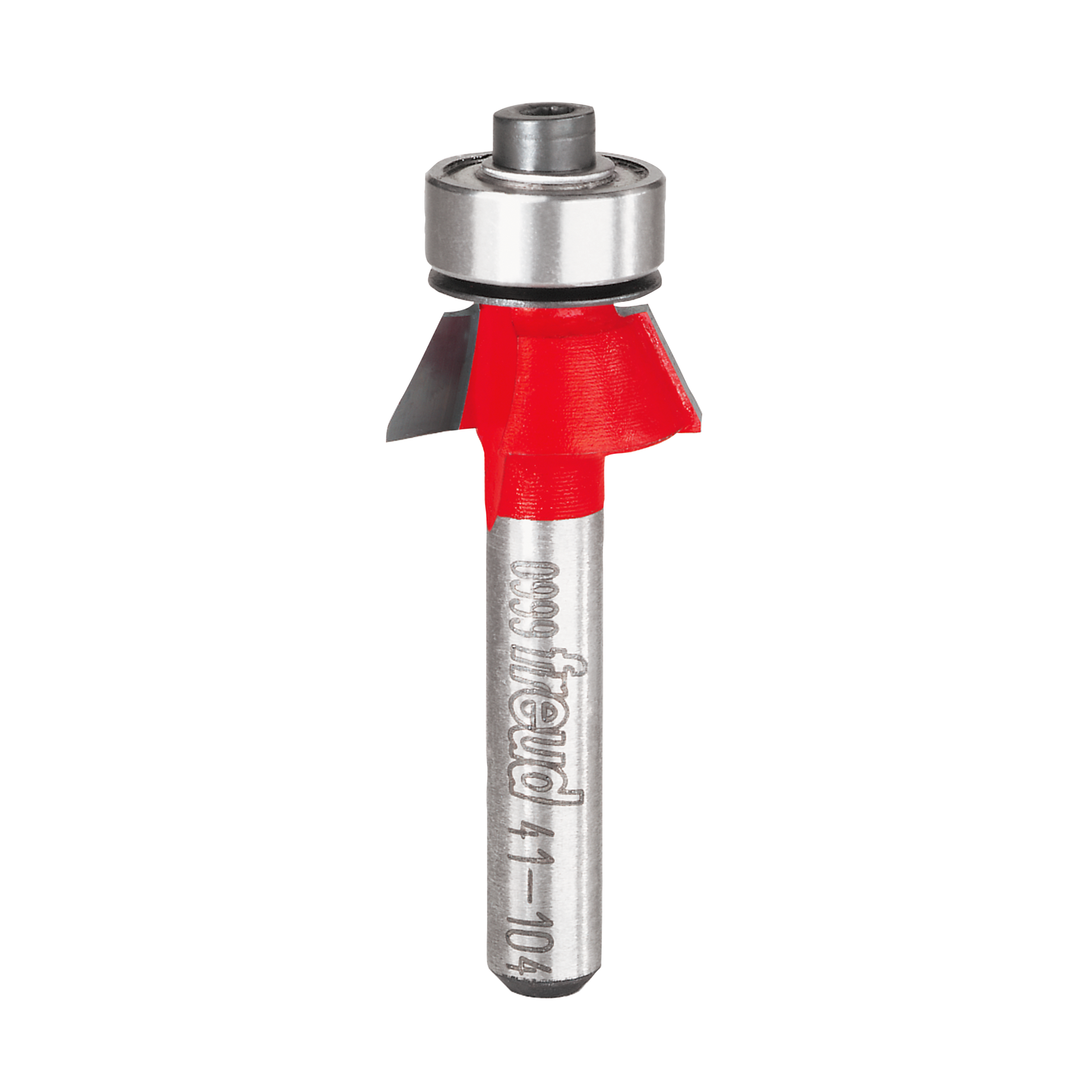 Bevel trim bit with red cutting head, metal shank, and bearing guide at top.