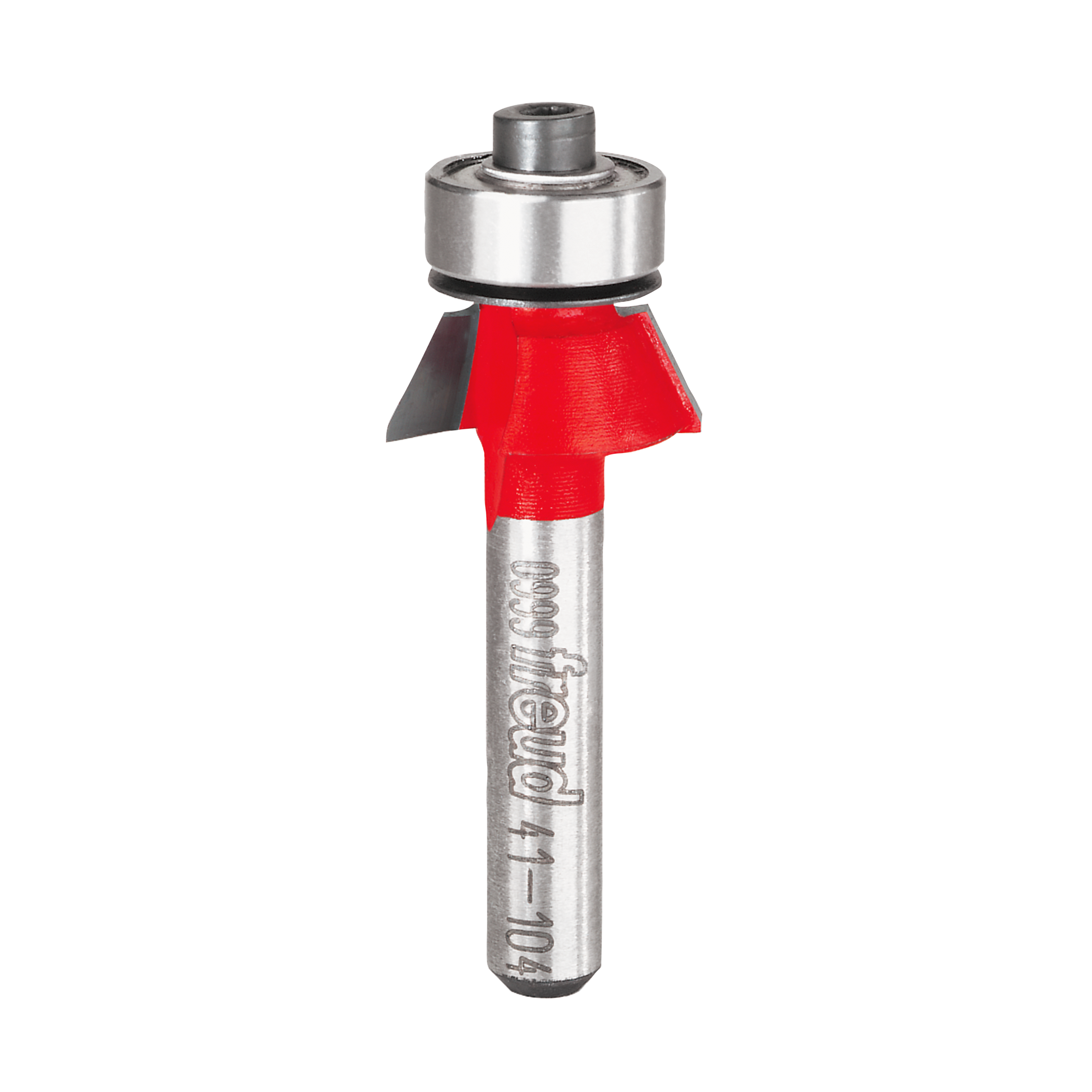 Bevel trim bit with red cutting head, metal shank, and bearing guide at top.
