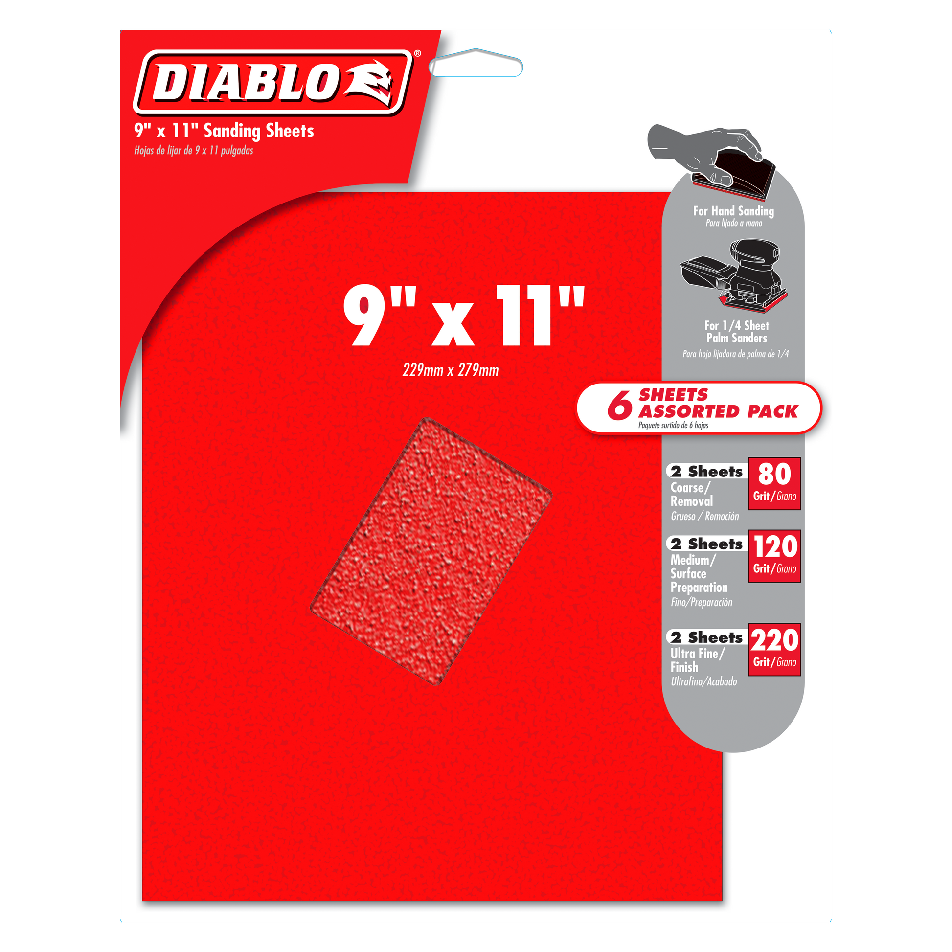 Six Diablo sanding sheets in 9" x 11" size with assorted grits of 30, 120, and 220.