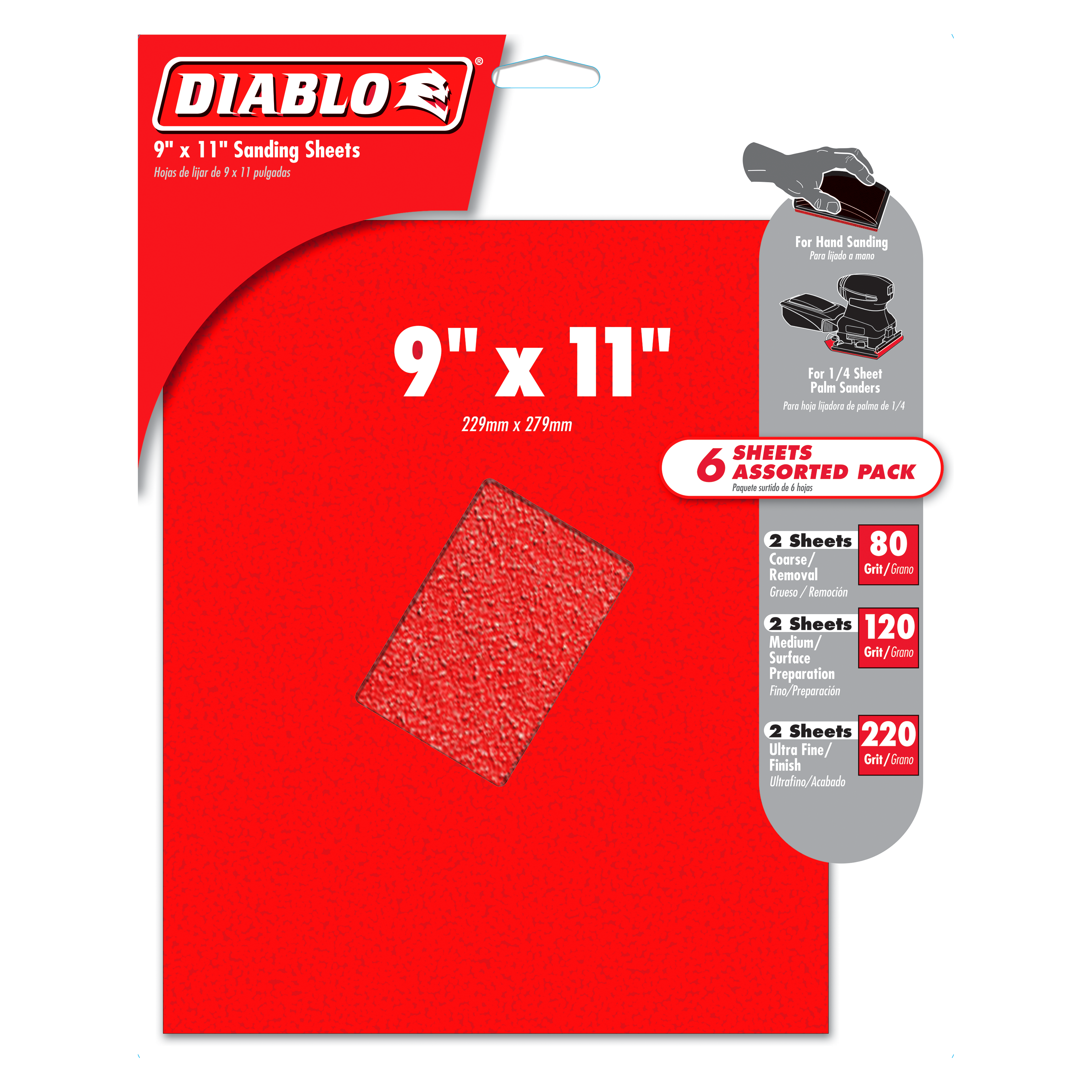 Six Diablo sanding sheets in 9" x 11" size with assorted grits of 30, 120, and 220.