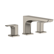 Brushed nickel two-handle deck-mount roman tub filler with curved center spout and square handles.