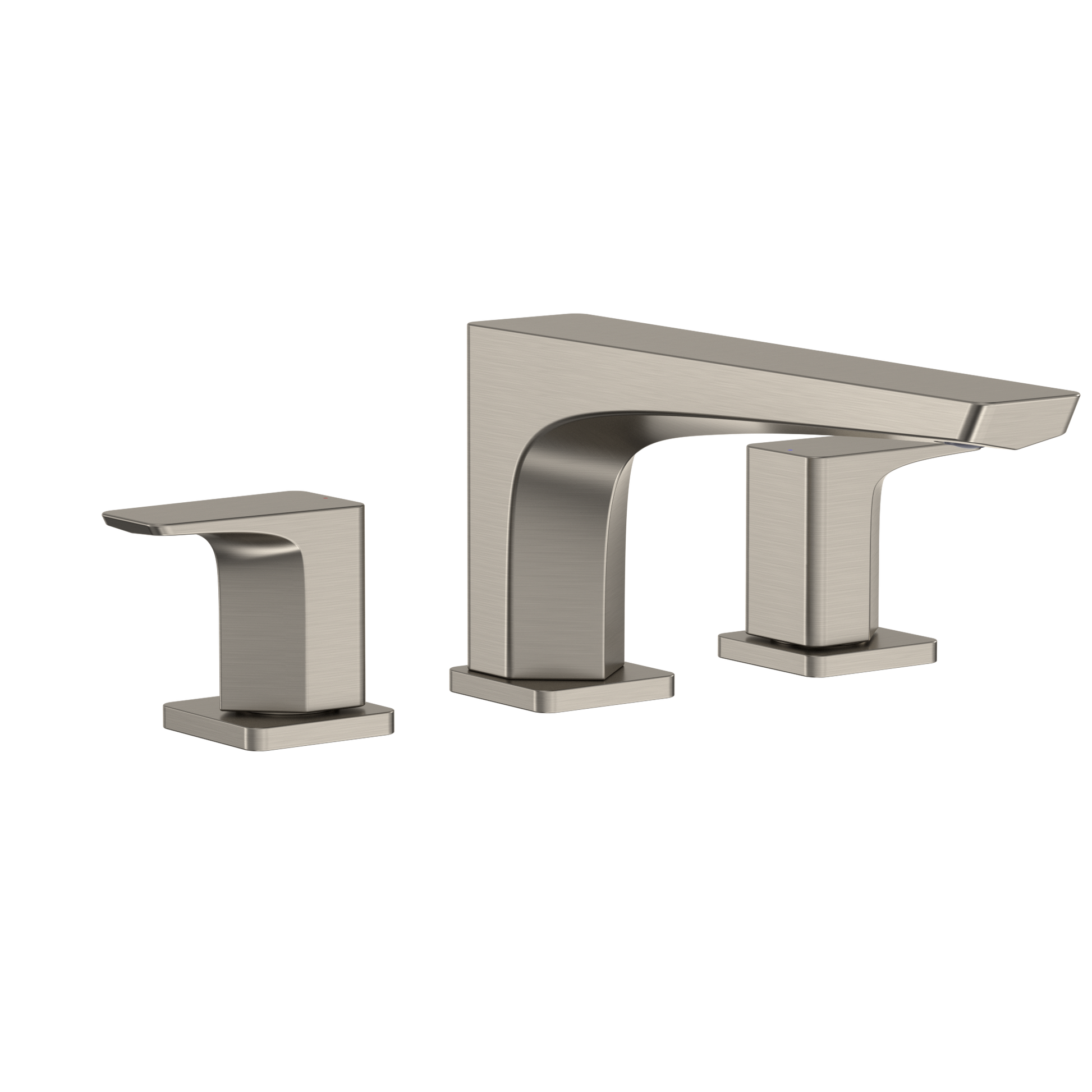 Brushed nickel two-handle deck-mount roman tub filler with curved center spout and square handles.