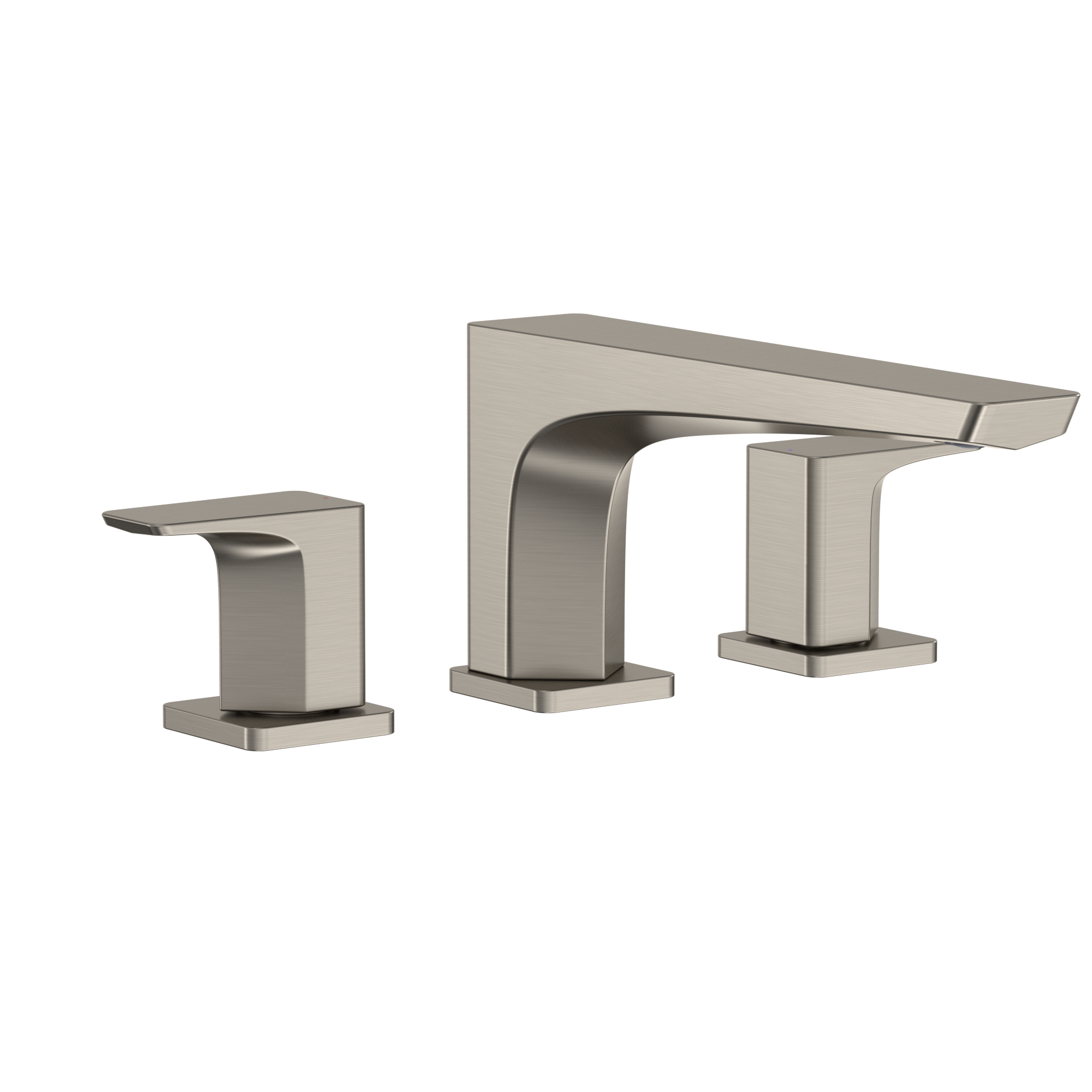 Brushed nickel two-handle deck-mount roman tub filler with curved center spout and square handles.