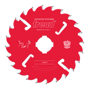 Red circular saw blade with gray teeth, white center arbor hole, and Freud branding on red body.