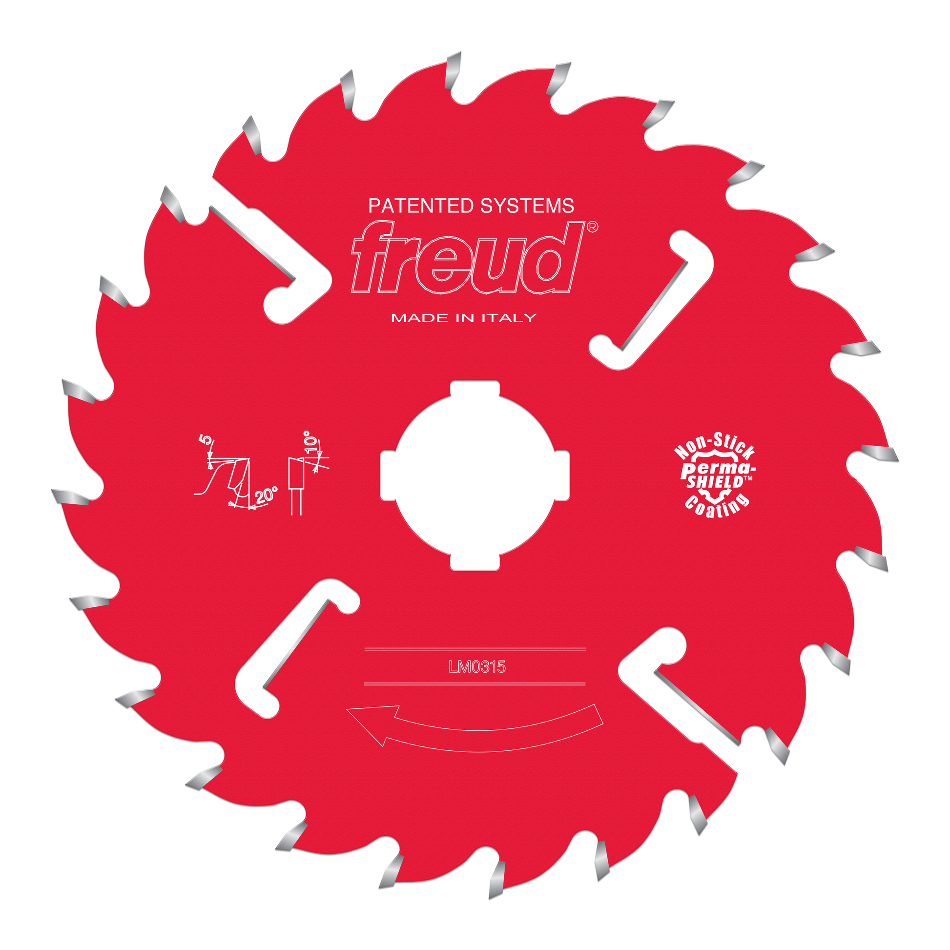 Red circular saw blade with gray teeth, white center arbor hole, and Freud branding on red body.