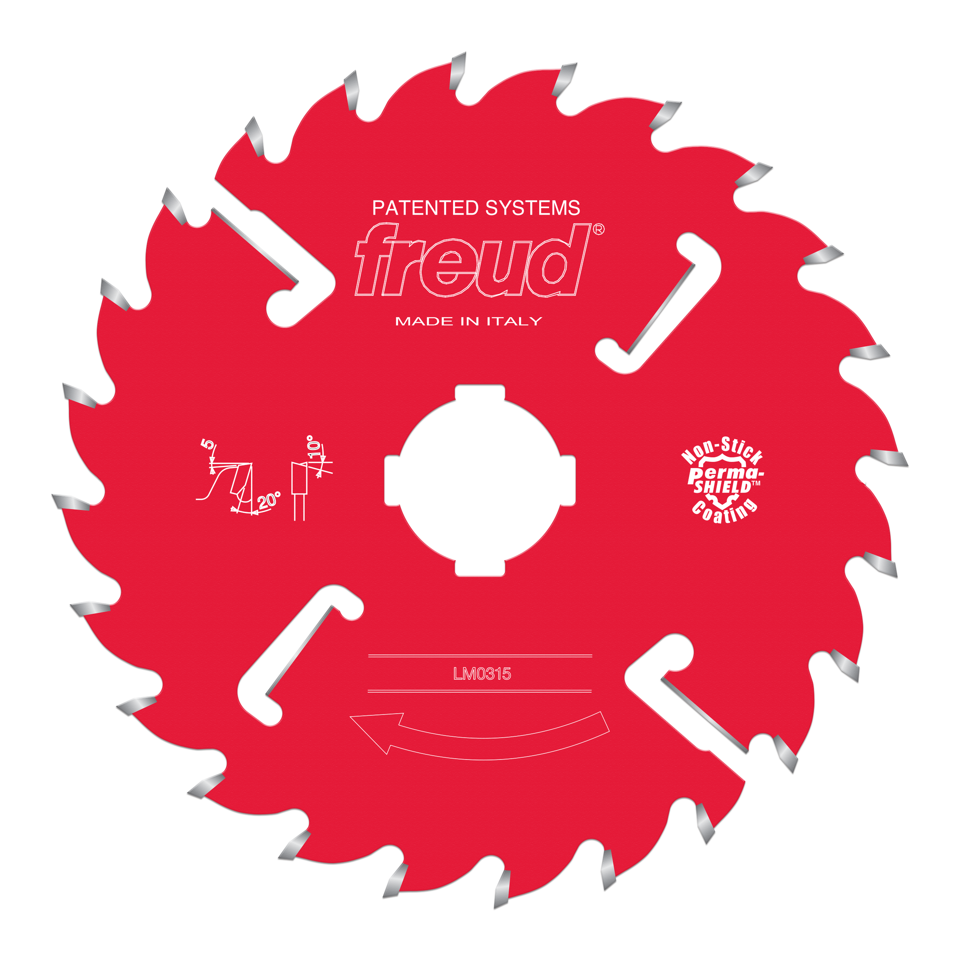 Red circular saw blade with gray teeth, white center arbor hole, and Freud branding on red body.