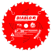 Red circular saw blade with 20 teeth, 6 inch diameter, white center arbor hole, and Diablo branding.