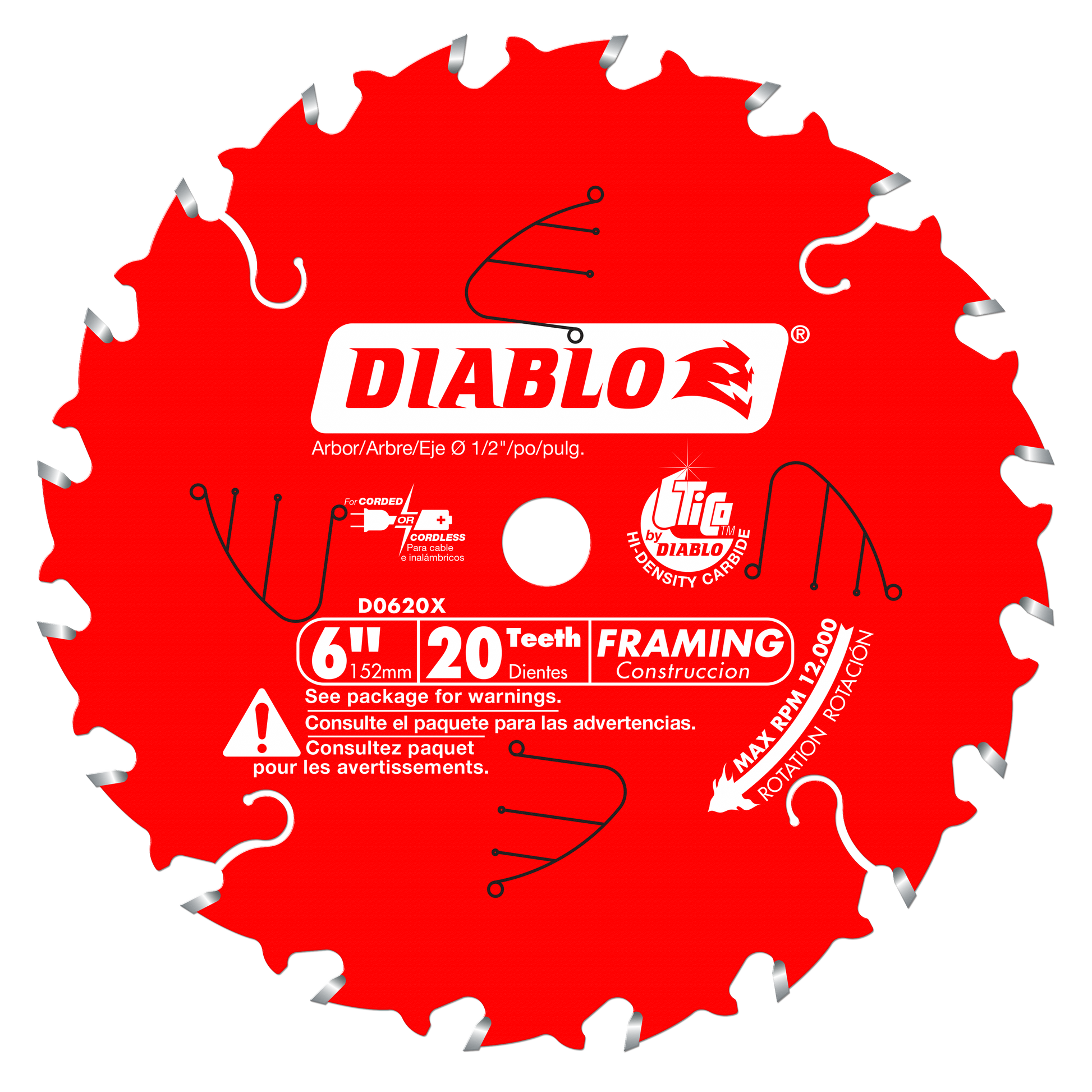 Red circular saw blade with 20 teeth, 6 inch diameter, white center arbor hole, and Diablo branding.